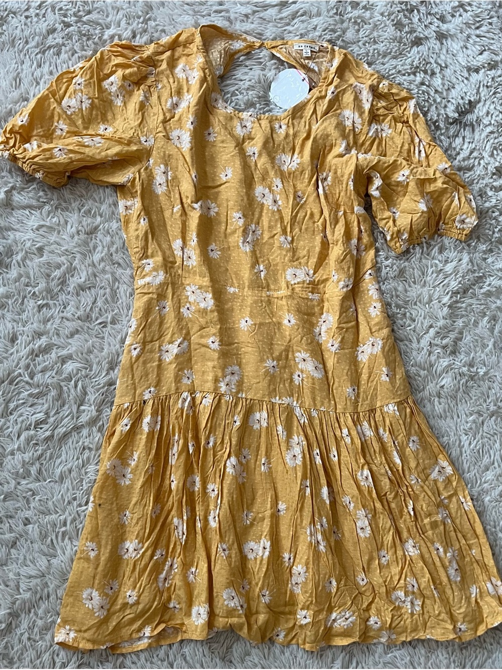 En Creme Mustard Yellow Daisy Tiered Mini Dress